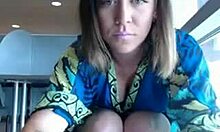 Blue-Dressed Milf Girlfriend Masturbates Smooth Pussy in Coffee Shop Webcam