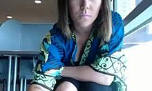 Blue-Dressed Milf Girlfriend Masturbates Smooth Pussy in Coffee Shop Webcam