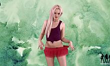 blond girlfriend strips off her tiny skirt.