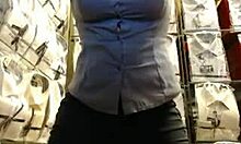 Black Panties Brunette GF Emotionally Fingering in Store During Web Chat