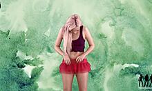 blond girlfriend strips off her tiny skirt.