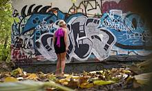 risky blonde peeing outdoors in public 😏