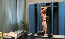 gorgeous brunette with wild body undresses slowly in changing room