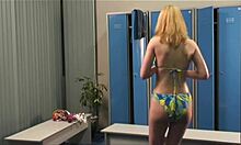 Skinny blonde slips into a seductive bikini in the changing room. Is she alone?
