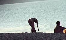 stunning brunette girlfriend steps naked from water, caught on hidden cam