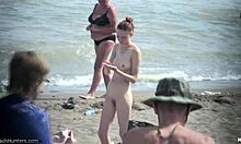 Slender redhead nudist girlfriend walks naked on beach, so seductive 😍