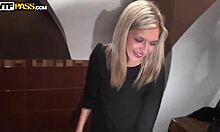 Amateur blond Russian girlfriend blows him in public toilet