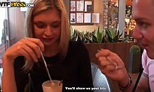 Amateur blond Russian girlfriend blows him in public toilet