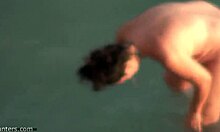 Hey, check my dark-haired chubby girlfriend skinny dipping at nudist beach! 🏖️