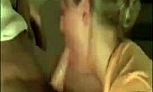 Blond-haired beauty sucking her boyfriend's big cock on office chair with deepthroat!