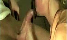 Blond-haired beauty sucking her boyfriend's big cock on office chair with deepthroat!