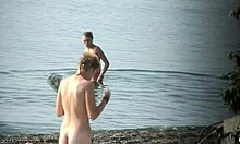 A lithe blonde with an awful hairdo reveals her naked body right here in this voyeur scene