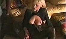 Bodysuit MILF Blonde Sucking Huge Black Cocks on Sofa. Two Guys Ravage Her Hard!