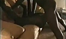 Bodysuit MILF Blonde Sucking Huge Black Cocks on Sofa. Two Guys Ravage Her Hard!