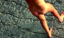 Hey, check my dark-haired chubby girlfriend skinny dipping at nudist beach! 🏖️