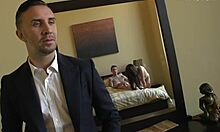 well-dressed dude watches young couple fuck shamelessly on bed