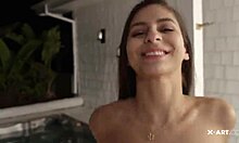 Submissive brunette, natural tits, drilled outdoors, damn