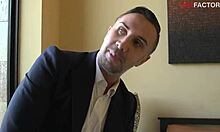 well-dressed dude watches young couple fuck shamelessly on bed