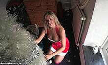 Christmas-Loving Blonde In Red Get-Up Hugs Tree While Showing Natural Tits On Webcam