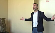 well-dressed dude watches young couple fuck shamelessly on bed