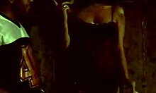 Dark-haired chick in purple fishnets, can she handle a huge black dick?