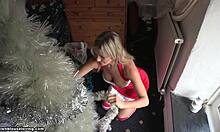 Christmas-Loving Blonde In Red Get-Up Hugs Tree While Showing Natural Tits On Webcam