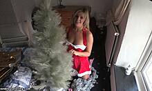 Christmas-Loving Blonde In Red Get-Up Hugs Tree While Showing Natural Tits On Webcam