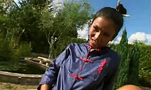 two tanned asian teens getting power-fucked by hung dude outdoors