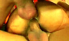 Blond Girlfriend in Black Heels Gets Brutal DP on Couch