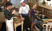 Purple Get-Up MILF Blonde and Brunette Girlfriend Share Meaty Cock in Kitchen Blowjob