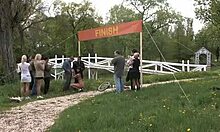 Blond-haired chick and her dark-haired GFs getting savagely fucked outdoors