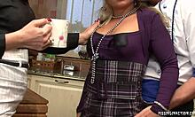 Purple Get-Up MILF Blonde and Brunette Girlfriend Share Meaty Cock in Kitchen Blowjob