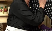 Purple Get-Up MILF Blonde and Brunette Girlfriend Share Meaty Cock in Kitchen Blowjob