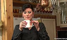 Purple Get-Up MILF Blonde and Brunette Girlfriend Share Meaty Cock in Kitchen Blowjob