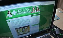 dark-haired wife in glasses browses porn and shows off her big tits