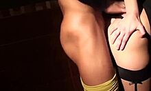 Blond-haired chick in black stockings receives a blowjob before getting pounded doggystyle in close-up.