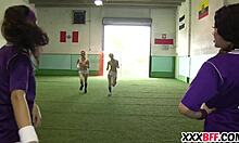 Lesbian soccer team fucks the petite noob