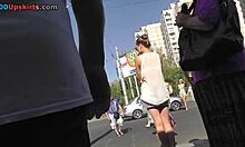 long-legged girl shows legs at bus stop