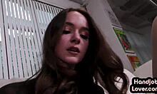 busty oiled babe gives dirty pov handjob closeup with amateur tugging and talk