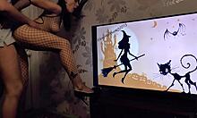 Excited sex doll in black bodystocking is sucking on the knees