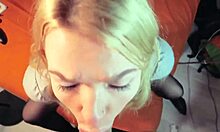 submissive young girl worships big cock with handjob and blowjob in pov