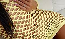 Beautiful Brunette Babe Poses in Mesh Bodysuit Teasing Shaved Pussy