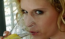 This cutesy blonde model strips solo, showing off her shaved body and big ass in close-ups