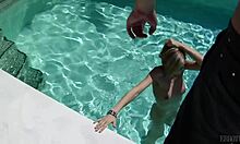 that wet blonde chick is posing naked by the pool, looking so beautiful