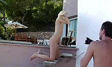 hey, check out this slim blonde posing naked and showing her hairy pussy on the steps 😍