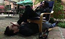 Dark-haired girlfriend dominates with divine feet over his face