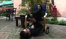 Dark-haired girlfriend dominates with divine feet over his face