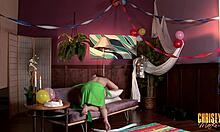 wow, christy marks strips her green dress to flash tits! 😍