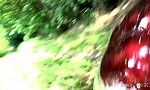 Leggy teen Elle Rose touches herself in the car