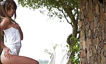 Blonde teen 18+ flaunts perfect body outdoors!